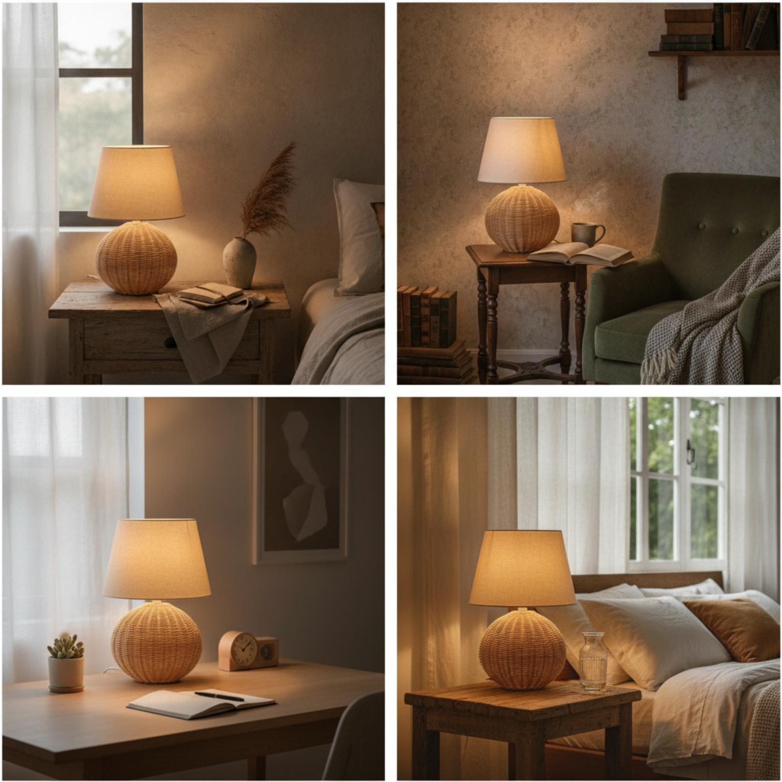Bedside Lamp Rattan Base Fabri - Lighting Table Decor recension och pris